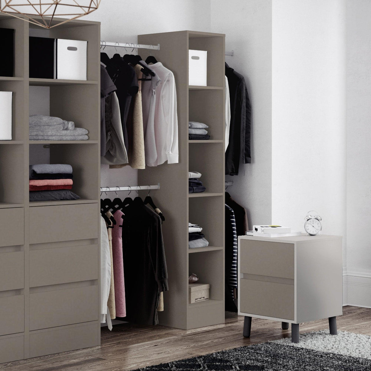 Stone Grey Wardrobe Shelving Unit with 5 Shelves and Hanging Bars - Bedrooms Plus
