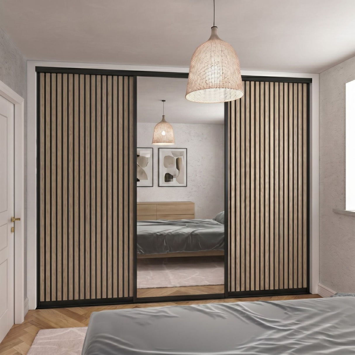 Supreme Matt Black Frame with Oak Acoustic Panel & Mirror Sliding Door Kit - 3 Door - Bedrooms Plus