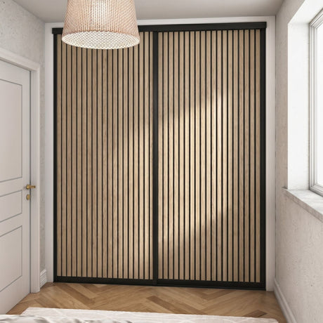 Supreme Matt Black Frame with Oak Acoustic Panel Sliding Door Kit - 2 Doors - Bedrooms Plus