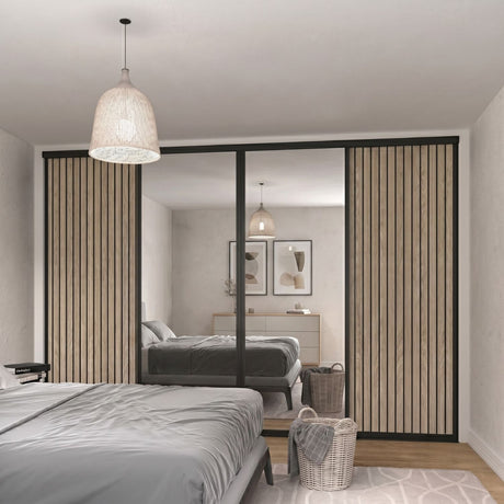 Supreme Matt Black with Oak Acoustic Panel & Mirror Sliding Door Kit - 4 Doors - Bedrooms Plus
