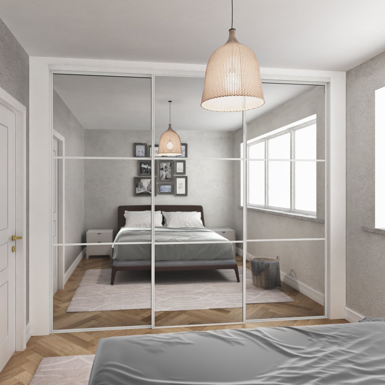 White Frame Heritage Sliding Door Wardrobe Kit - 3 Door 3 Panel Mirror - Made To Measure - Bedrooms Plus