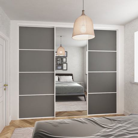 White Frame Heritage Sliding Door Wardrobe Kit - 3 Door Mirror & Dust Grey Wood - Made To Measure - Bedrooms Plus