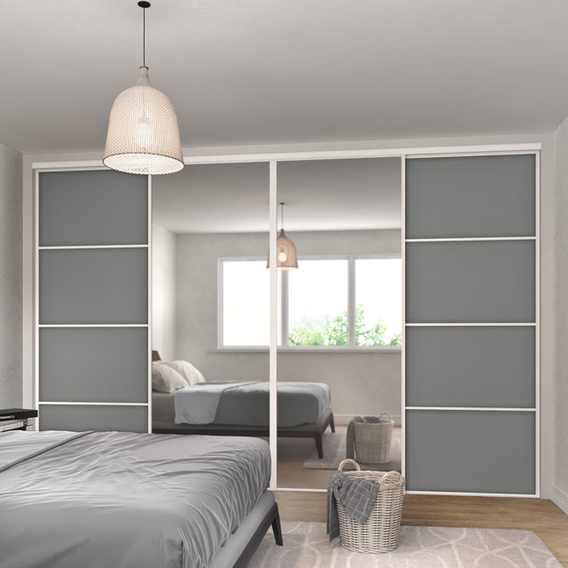 White Frame Heritage Sliding Door Wardrobe Kit - 4 Door Mirror & Dust Grey Wood - Made To Measure - Bedrooms Plus