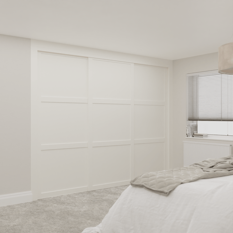 White Shaker Sliding Door Wardrobe Kit - 3 Door 3 Panel White Wood - Made To Measure - Bedrooms Plus