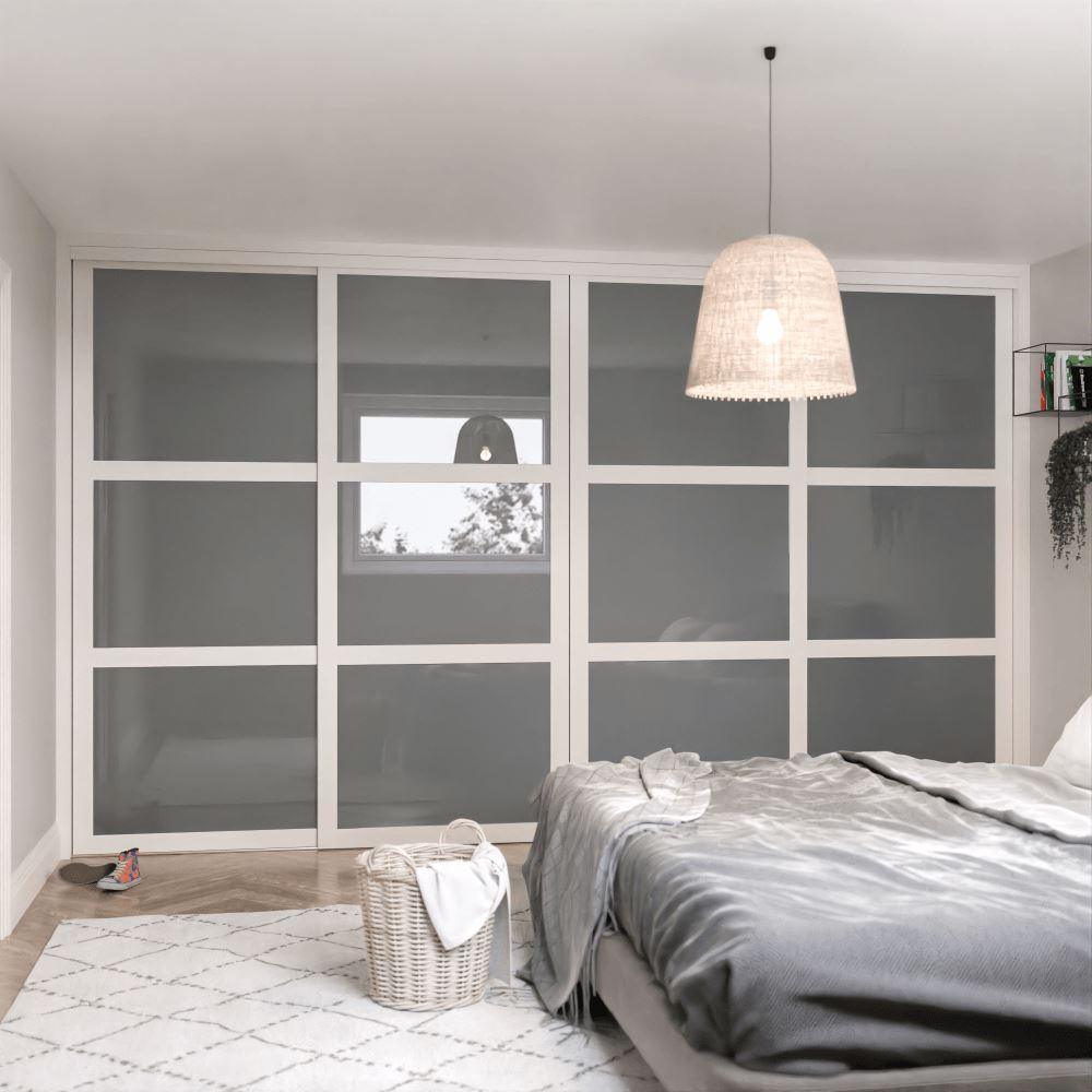 White Shaker Sliding Door Wardrobe Kit - 4 Door 3 Panel Grey Metal - Made To Measure - Bedrooms Plus