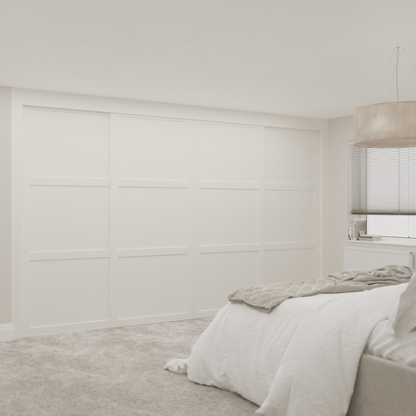 White Shaker Sliding Door Wardrobe Kit - 4 Door 3 Panel White Wood - Made To Measure - Bedrooms Plus