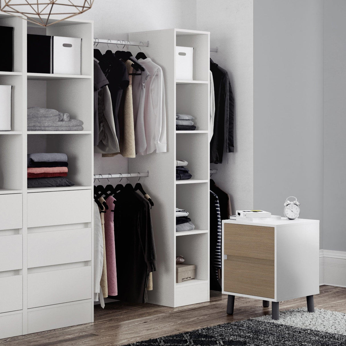White Wardrobe Shelving Unit with 5 Shelves and Hanging Bars - Bedrooms Plus
