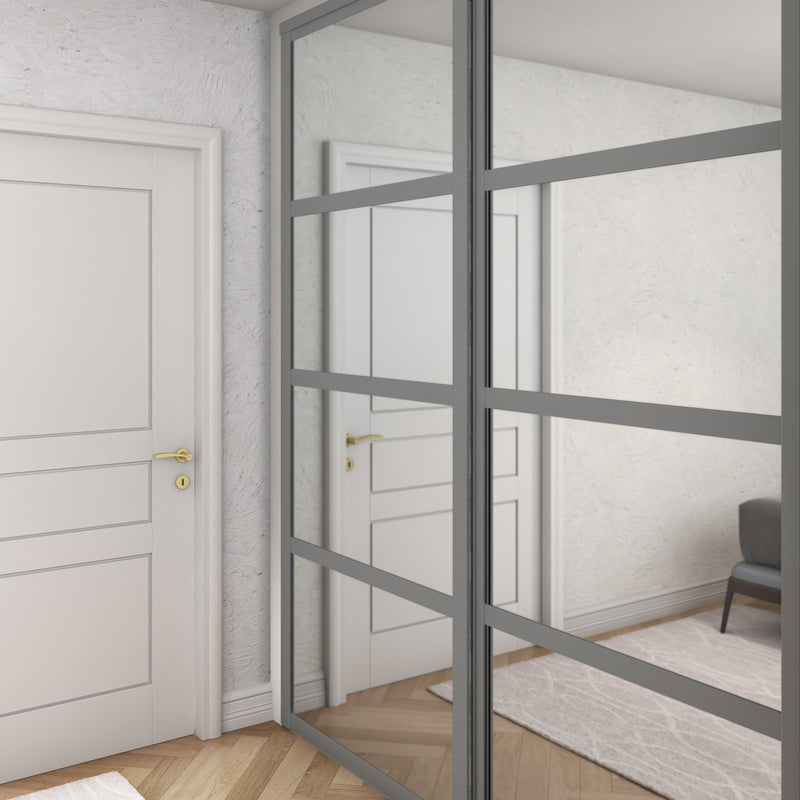 Dust Grey Shaker Luxe Sliding Wardrobe Door Kit -  2 Door - Made To Measure 4 Panel Mirror
