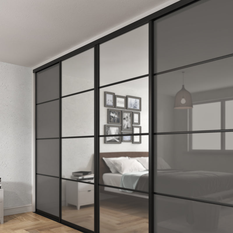 Brushed Black Curve Sliding Wardrobe Door Kit - 4 Door 4 Panel Mirror & Grey Metal Glass - Made To Measure - Bedrooms Plus