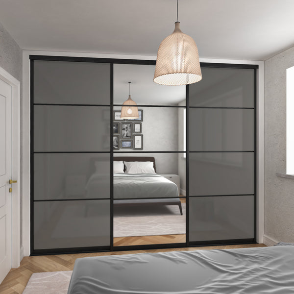 Brushed Black Curve Sliding Wardrobe Door Kit - 3 Door 4 Panel Mirror & Grey Metal Glass - Made To Measure - Bedrooms Plus