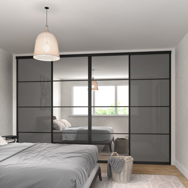 Brushed Black Curve Sliding Wardrobe Door Kit - 4 Door 4 Panel Mirror & Grey Metal Glass - Made To Measure - Bedrooms Plus