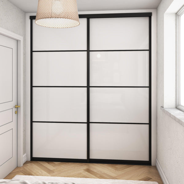 Brushed Black Curve Sliding Wardrobe Door Kit - 2 Door 4 Panel Pure White Glass - Made To Measure - Bedrooms Plus