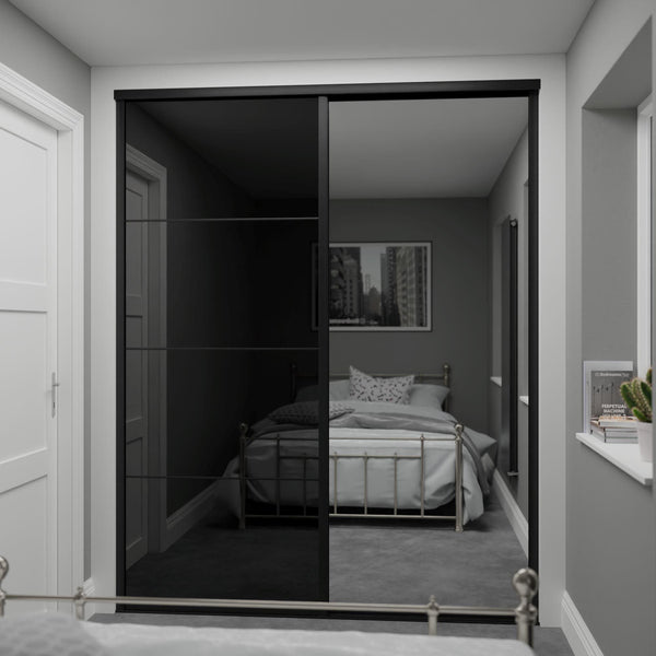Brushed Black Curve Sliding Wardrobe Door Kit - 2 Doors Mirror & Black Glass - Made To Measure - Bedrooms Plus