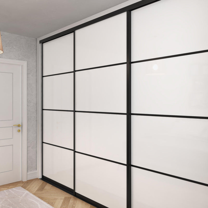 Brushed Black Curve Sliding Wardrobe Door Kit - 3 Door 4 Panel Pure White Glass - Made To Measure - Bedrooms Plus