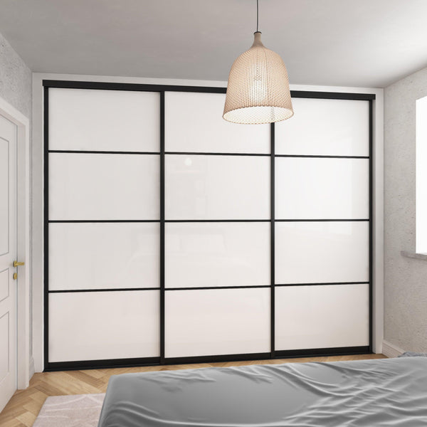 Brushed Black Curve Sliding Wardrobe Door Kit - 3 Door 4 Panel Pure White Glass - Made To Measure - Bedrooms Plus