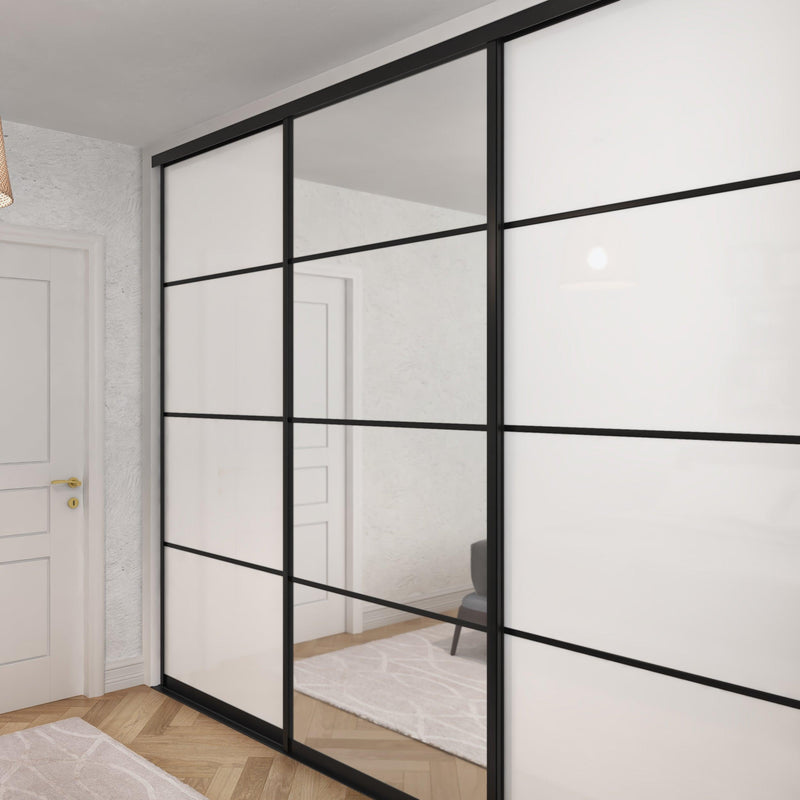 Brushed Black Curve Sliding Wardrobe Doors - 3 Door Crittall Style 4 Panel Pure White Glass & Mirror - Made To Measure Sliding Doors M4TEC 