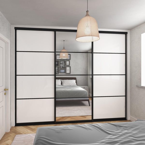 Brushed Black Curve Sliding Wardrobe Door Kit - 3 Door 4 Panel Pure White Glass & Mirror - Made To Measure - Bedrooms Plus