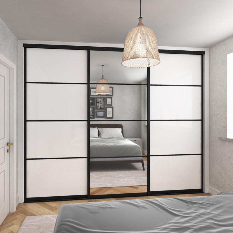 Brushed Black Curve Sliding Wardrobe Door Kit - 3 Door 4 Panel Pure White Glass & Mirror - Made To Measure - Bedrooms Plus