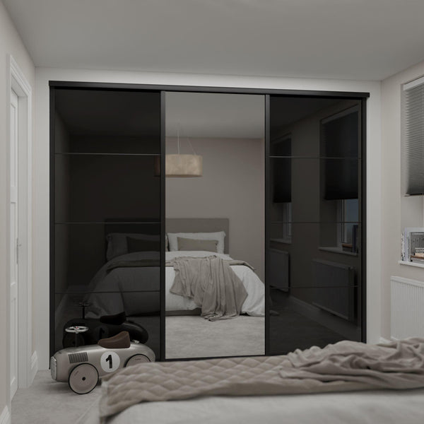 Brushed Black Curve Sliding Wardrobe Door Kit - 3 Doors Mirror & Black Glass - Made To Measure - Bedrooms Plus