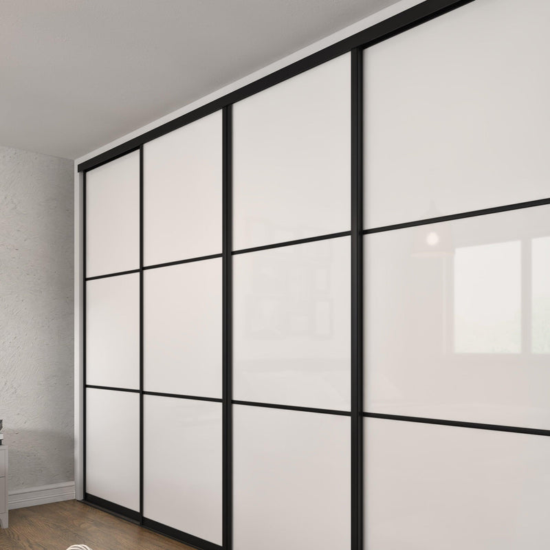 Brushed Black Curve Sliding Wardrobe Door Kit - 4 Door 4 Panel Pure White Glass - Made To Measure - Bedrooms Plus