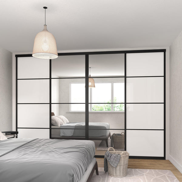 Brushed Black Curve Sliding Wardrobe Door Kit - 4 Door 4 Panel Pure White Glass & Mirror - Made To Measure - Bedrooms Plus