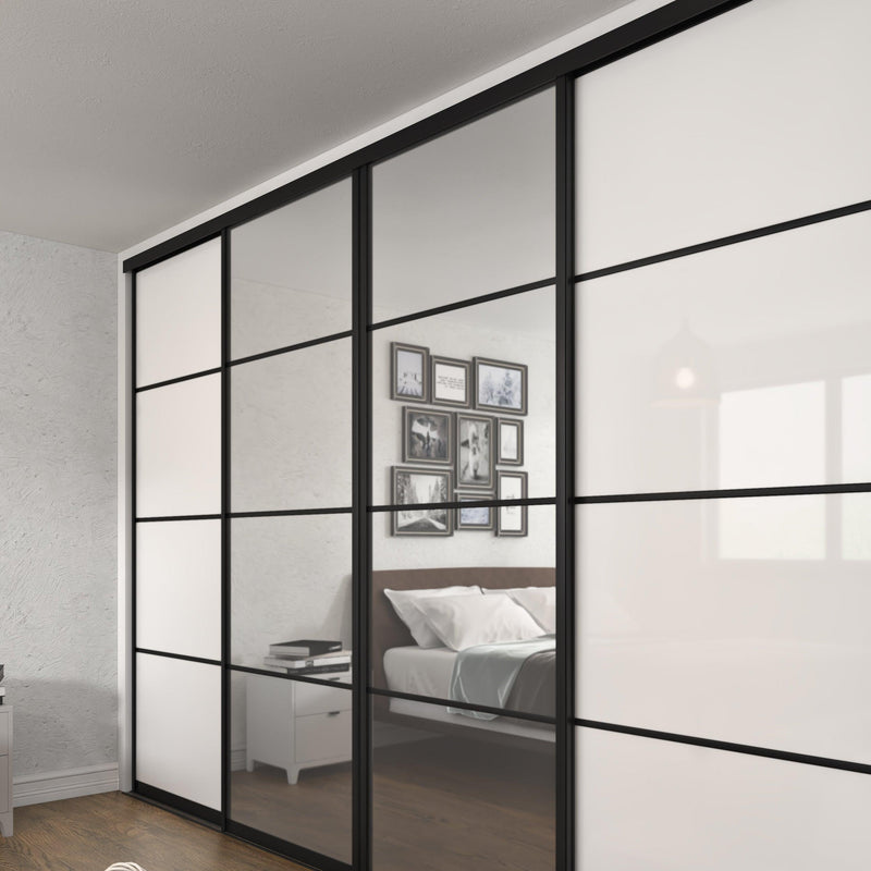 Brushed Black Curve Sliding Wardrobe Door Kit - 4 Door 4 Panel Pure White Glass & Mirror - Made To Measure - Bedrooms Plus