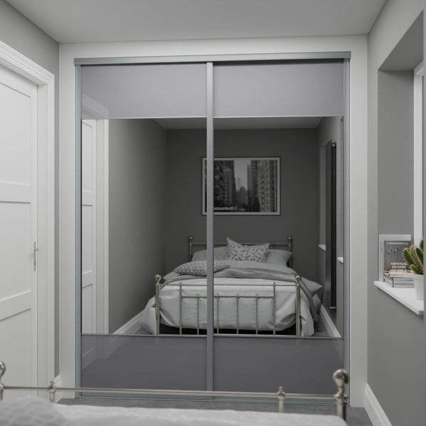 Satin Silver Curve Sliding Wardrobe Door Kit - 2 Door Storm Grey Glass & Mirror 3 Panel- Made To Measure - Bedrooms Plus