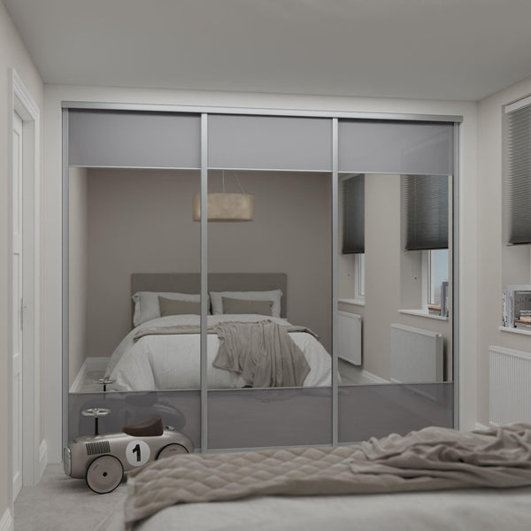 Satin Silver Curve Sliding Wardrobe Door Kit - 3 Door Storm Grey Glass & Mirror 3 Panel- Made To Measure - Bedrooms Plus