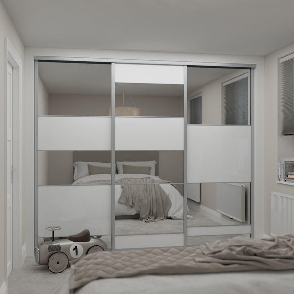 Silver Frame Sliding Wardrobe Door Kit - Multi-panel Pure White & Mirror Made to Measure - Heritage 3 Doors - Bedrooms Plus