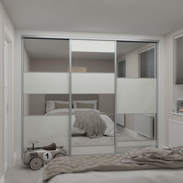 Silver Frame Sliding Wardrobe Door Kit - Multi-panel Soft White & Mirror Made to Measure - Heritage 3 Doors - Bedrooms Plus