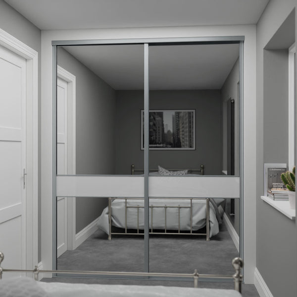 Silver Frame Heritage Sliding Wardrobe Door Kit - 2 Doors - 3 Panels Mirror & Pure White Glass - Made To Measure - Bedrooms Plus