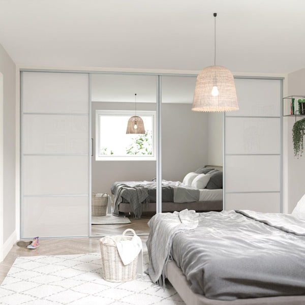 Silver Heritage Sliding Wardrobe Door Kit - 4 Door Mirror & Pure White Glass - Made To Measure - Bedrooms Plus