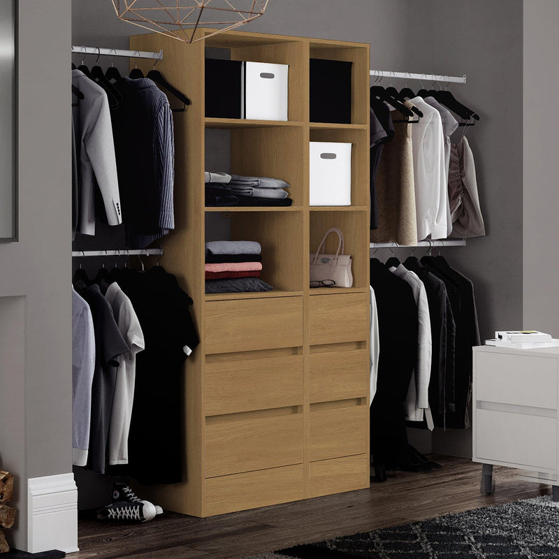 Oak Deluxe 3 Drawer Soft Close Tower Shelving Unit with Hanging Bars - Bedrooms Plus