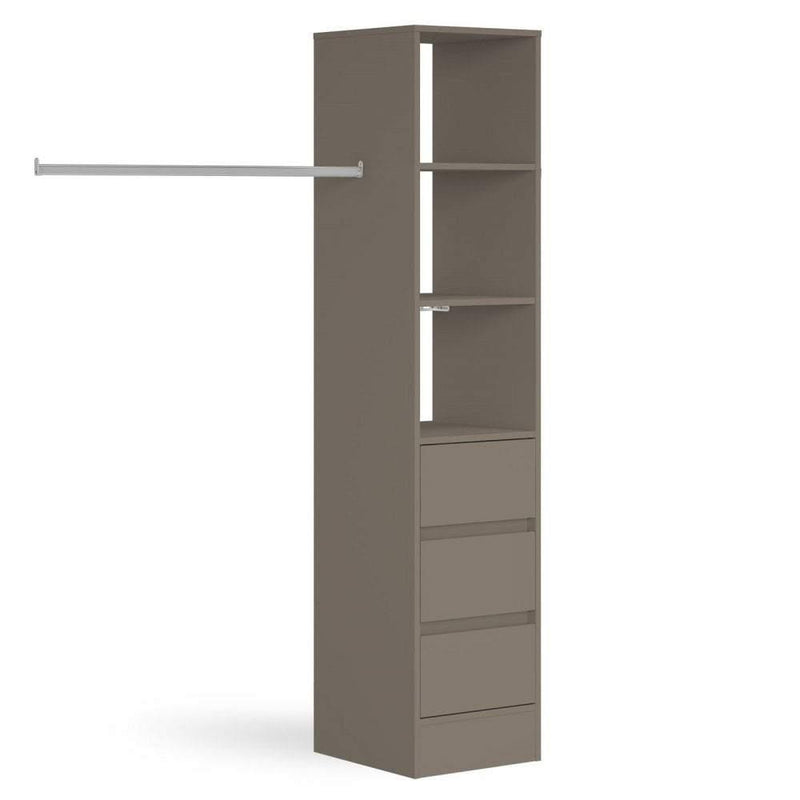 Stone Grey Deluxe 3 Drawer Soft Close Tower Shelving Unit with Hanging Bars - Bedrooms Plus
