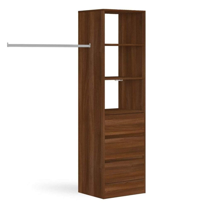 Walnut Deluxe 3 Drawer Soft Close Tower Shelving Unit with Hanging Bars - Bedrooms Plus