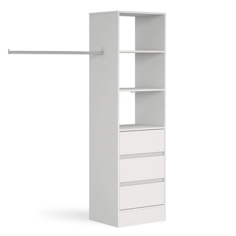 White Deluxe 3 Drawer Tower Shelving Unit with Hanging Bars - Bedrooms Plus