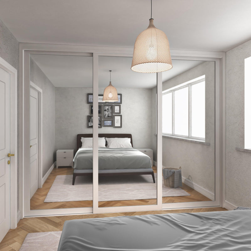White Shaker Sliding Wardrobe Door Kit - 3 Door Full Panel Mirror - Made To Measure - Bedrooms Plus