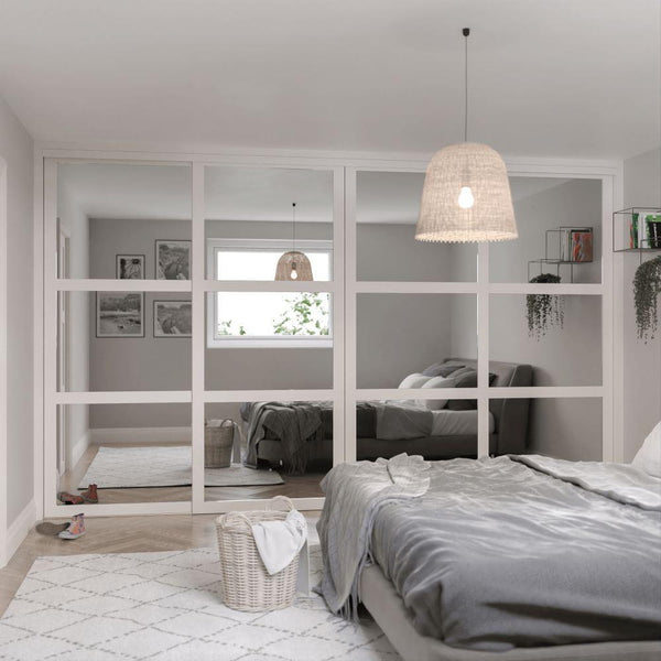 White Shaker Sliding Wardrobe Door Kit - 4 Door Mirror - Made To Measure - Bedrooms Plus